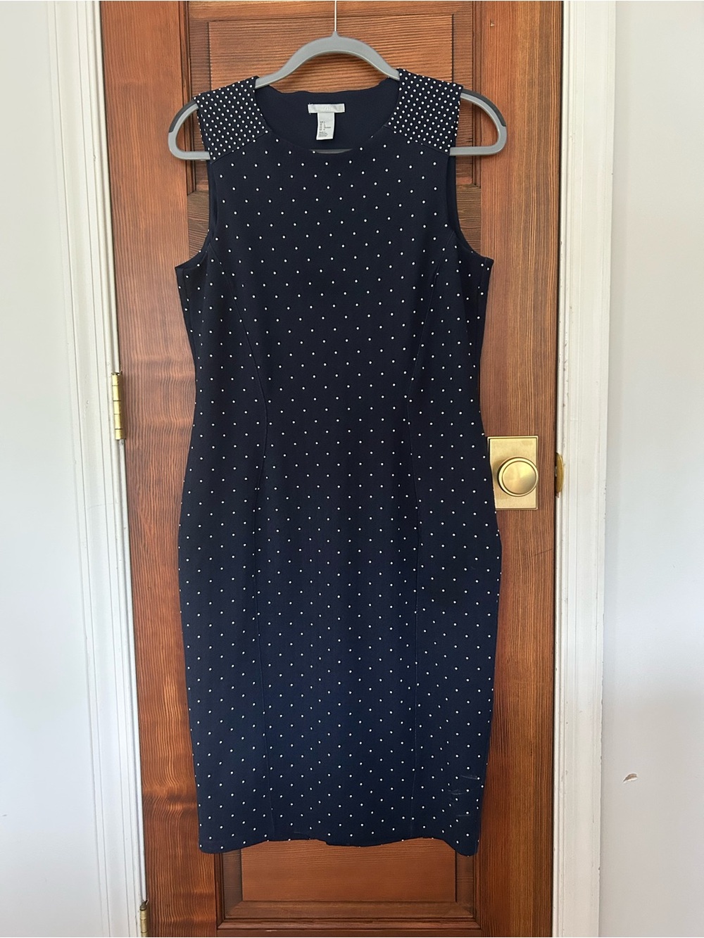 H&M Dark Navy Sleeveless White Polka Dot Tailored Office Sheath Dress - Large